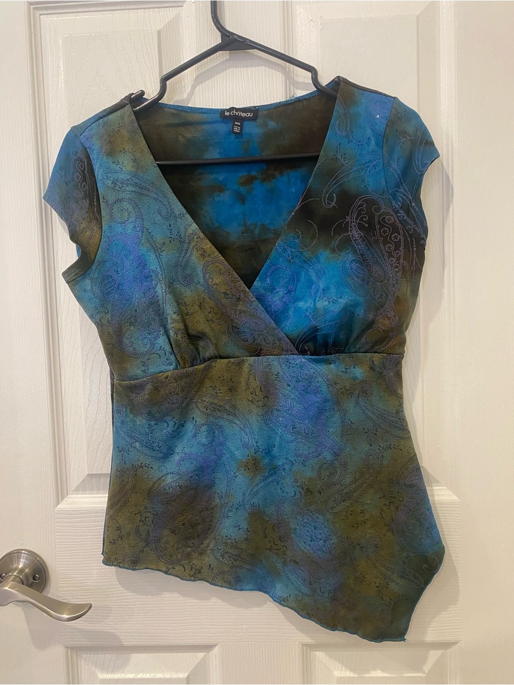 le chateau Teal-Blue Wrap-Front Paisley Women's Blouse - Picture 3 of 3